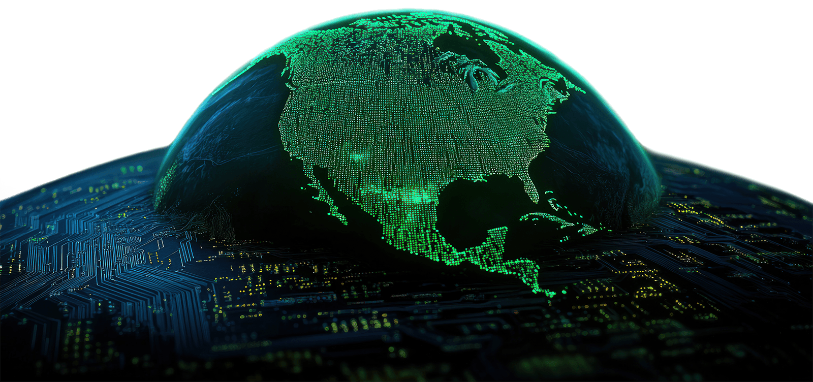 Circuit board with a globe emerging from the surface.